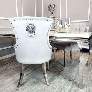 Megan Dining Chair with Lion Knocker - Plain Back Design, Leather & Velvet Options, Chrome Legs - UK Luxury Furniture